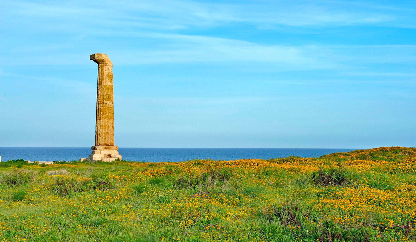 The column that 2500 years ago was part of the ancient temple of Hera Lacinia, in the archaeological area of Capo Colonna, near Crotone